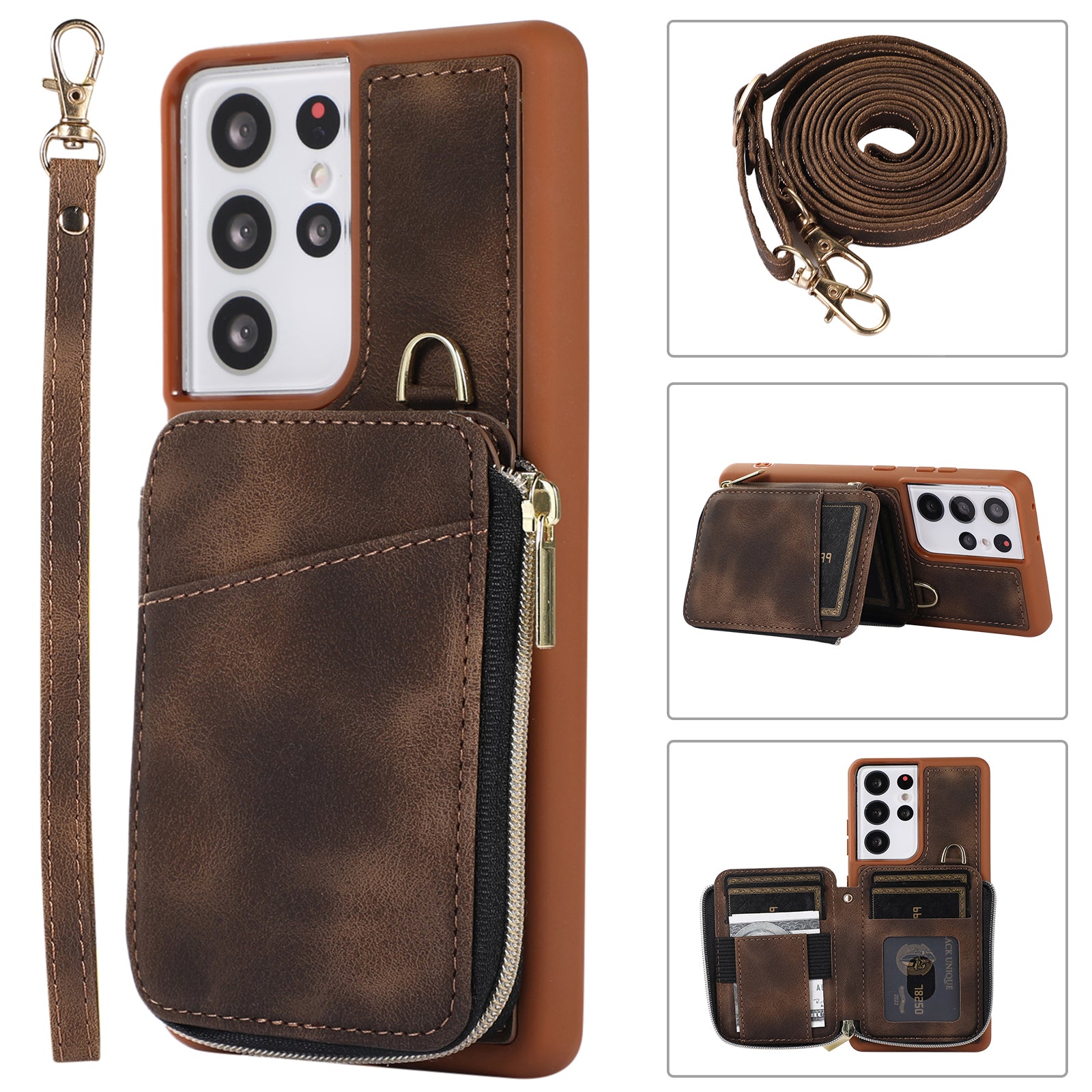 For Samsung Galaxy S23 Ultra Kickstand Phone Case Zipper Card Bag Leather TPU Phone Cover with Straps For Samsung Galaxy S23 Ultra Kickstand Phone Case Zipper Card Bag Leather TPU Phone Cover with Straps